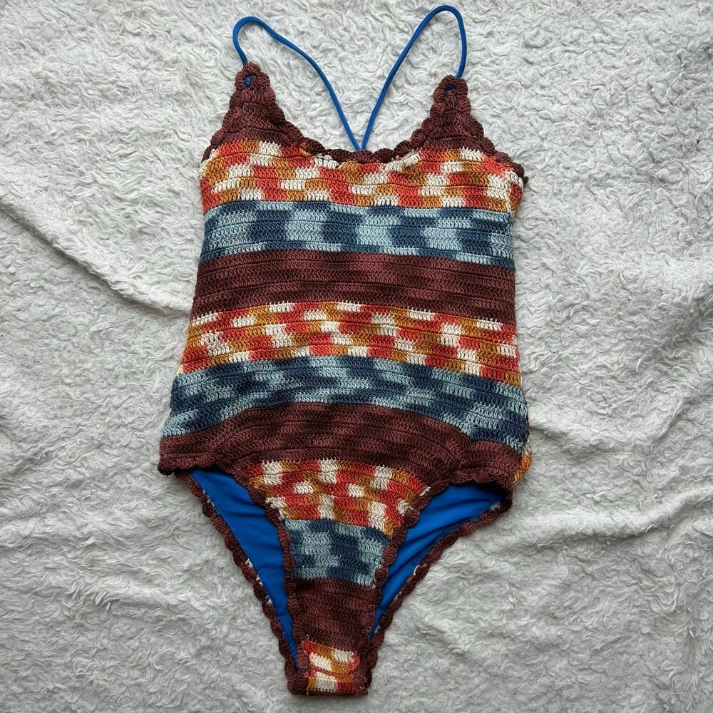 It’s Now Cool Boho Striped Crochet Cross Back One Piece Swimsuit Size XS/S
